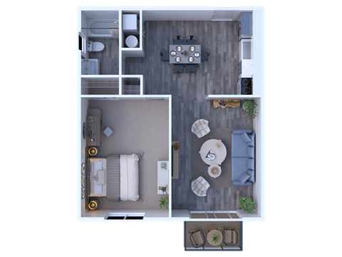 Floor plan for 1 bed, 1 bath, 653 sqft